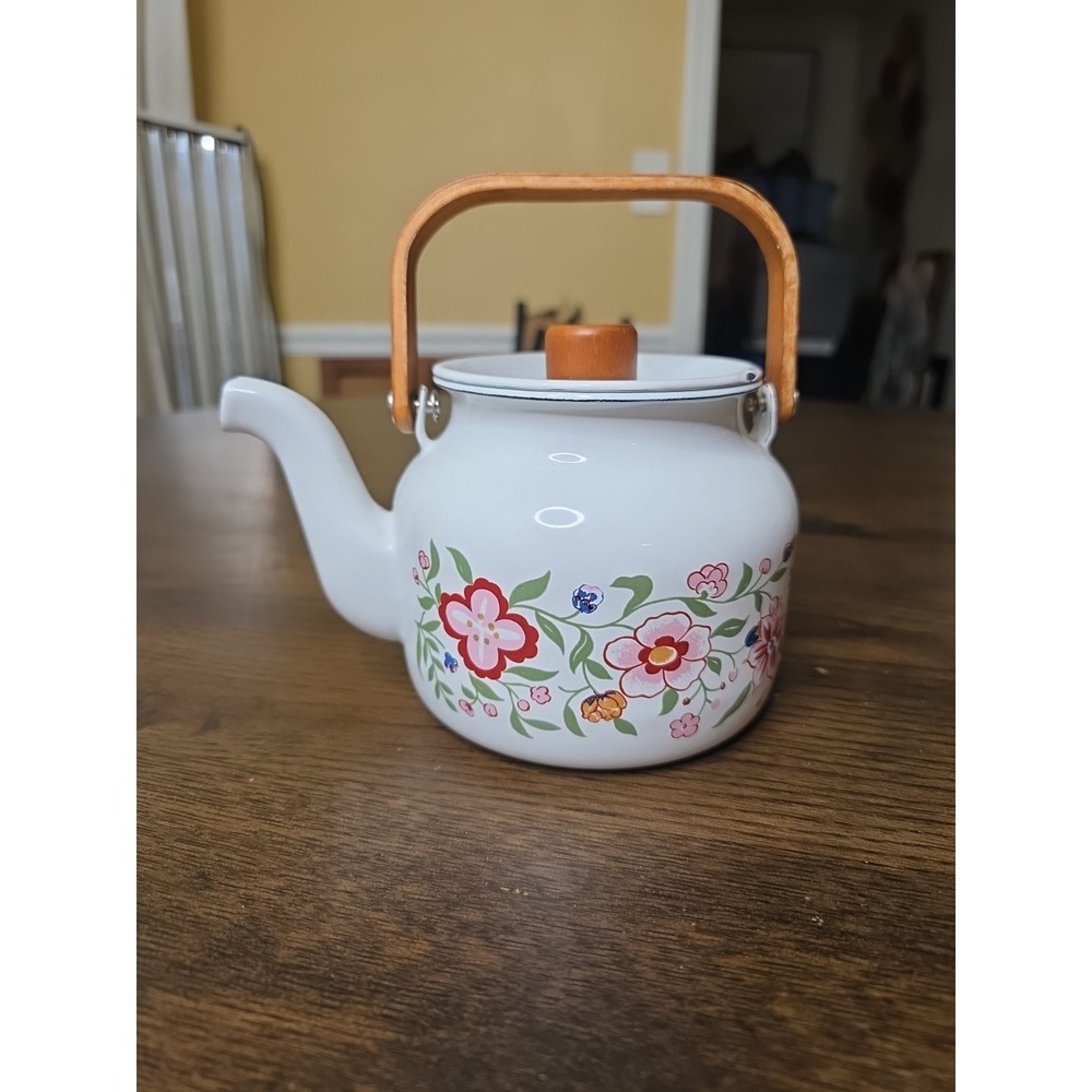 Vintage 80s Gailstyn-Sutton Enamelware Teapot Kettle‎ Country Flower Wood Handle